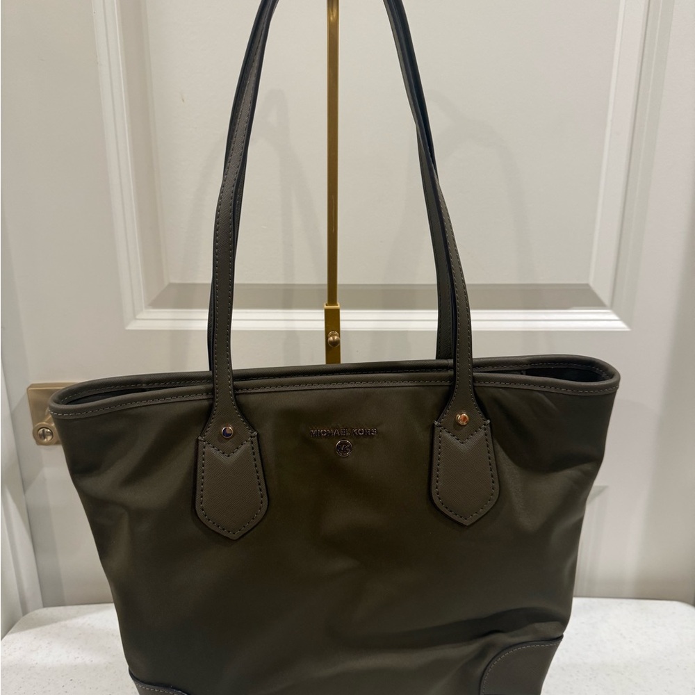 NEW Michael Kors Olive Nylon Eva Tote with Leather Trim ~ 14” L x 4.5” W x 10” H - Picture 5 of 11